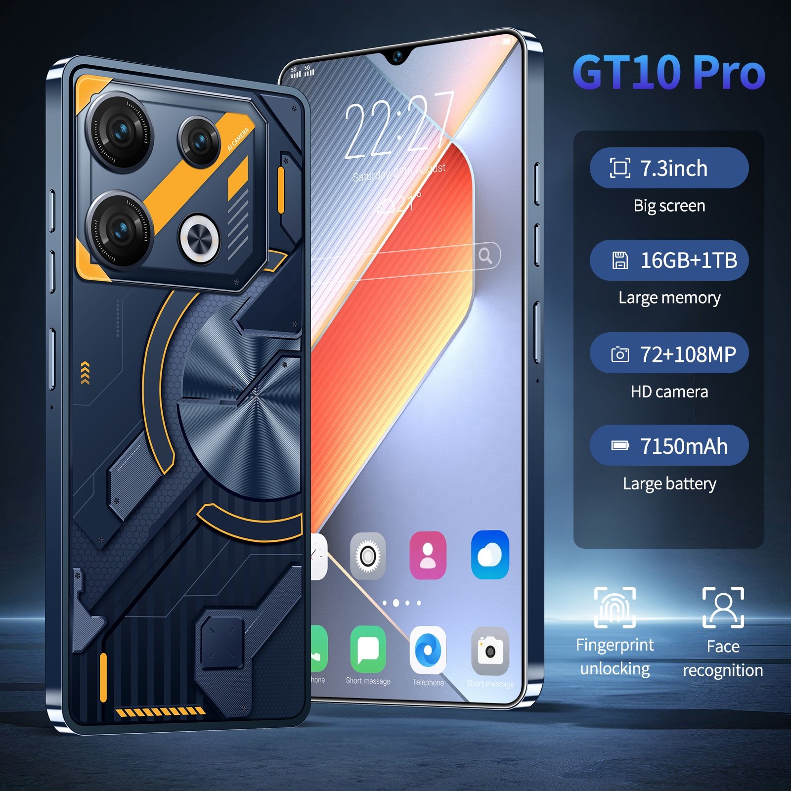 Hot Selling original 5G smartphone GT10 pro 7.3 inch Face Unlock 16GB+1TB mobilephone High quality Android14 Cellphone